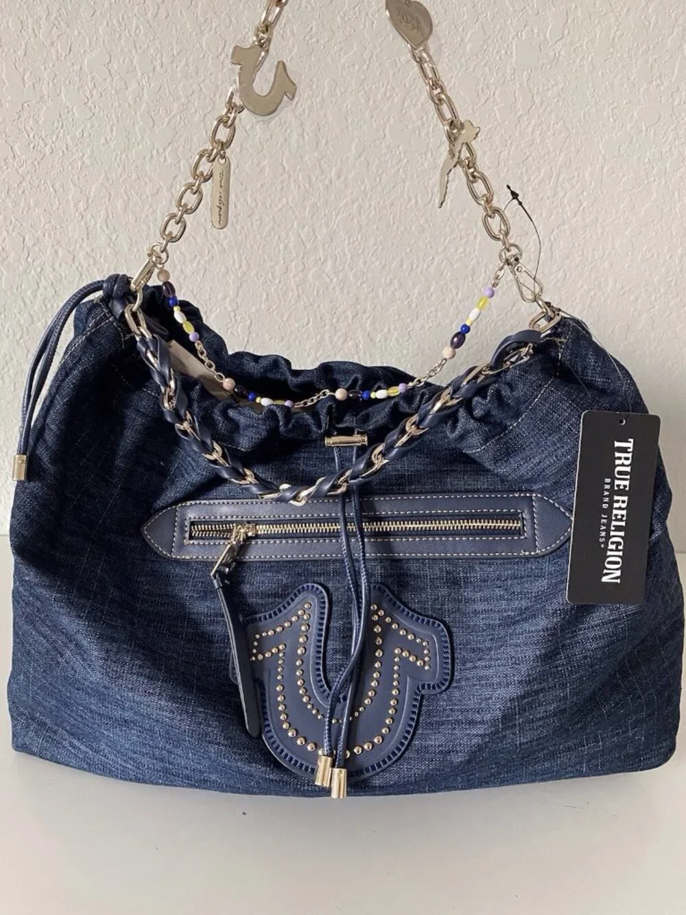 TRUE RELIGION Dark DENIM HORSESHOE CHAIN DANGLE LARGE SHOULDER Hobo BAG Viral